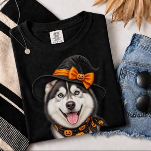 Halloween Husky Shirt, Husky Dog Mom Gift, Spooky Witch Dog Tee, Pet Lover Halloween Shirt image 4