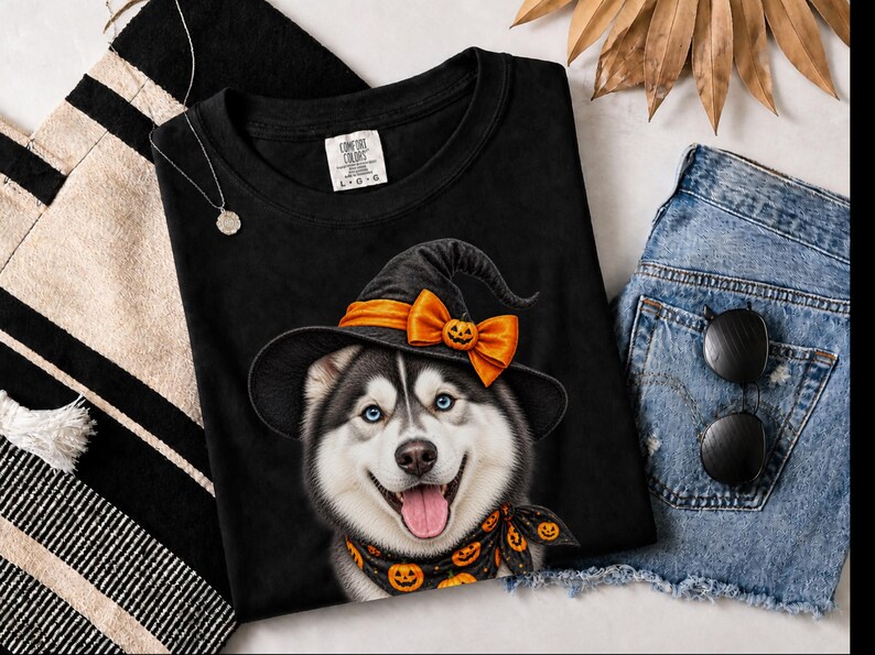 Halloween Husky Shirt, Husky Dog Mom Gift, Spooky Witch Dog Tee, Pet Lover Halloween Shirt image 4