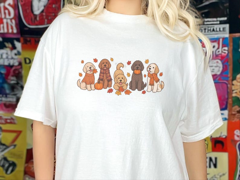 Camiseta Goldendoodle de otoño, regalo para mamás Goldendoodle, camiseta de hojas de otoño, suéter para amantes de los perros con estampado de calabazas, prenda acogedora para la temporada. imagen 8