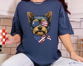 Comfort Colors Patriotic Yorkie Dog Mom Shirt, American Flag Yorkshire Terrier Tee, Fourth of July Pet Owner Top, Patriotic Dog Gift