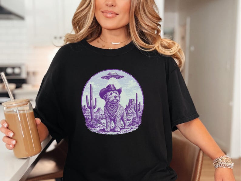 Comfort Colors Cowboy Retro Labradoodle Sweatshirt | Vintage Goldendoodle UFO Crewneck | Southwestern Extraterrestrial Abduction Space image 8