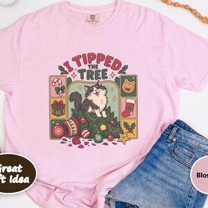 Christmas Cat Shirt, Tuxedo Cat Christmas Gift, Funny Cat Christmas Tree Tee, I Tipped The Tree Holiday Shirt, Cat Mom Shirt Gift image 4