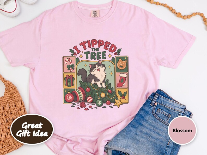 Christmas Cat Shirt, Tuxedo Cat Christmas Gift, Funny Cat Christmas Tree Tee, I Tipped The Tree Holiday Shirt, Cat Mom Shirt Gift image 4