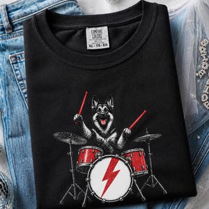 German Shepherd Rock Drummer Shirt, Heavy Metal Dog Lover Gift, Rock Music Fan Tee, Drum Kit Player Present, Band Member Shirt image 6