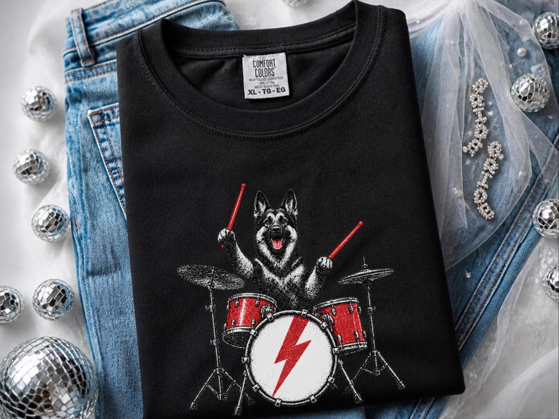 German Shepherd Rock Drummer Shirt, Heavy Metal Dog Lover Gift, Rock Music Fan Tee, Drum Kit Player Present, Band Member Shirt image 6