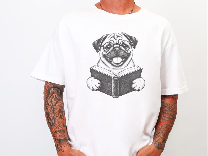 Pug Shirt, Reading Pug Dog Lover Gift, Pug Mom Shirt, Bookish Dog Tee, Librarian Shirt image 5