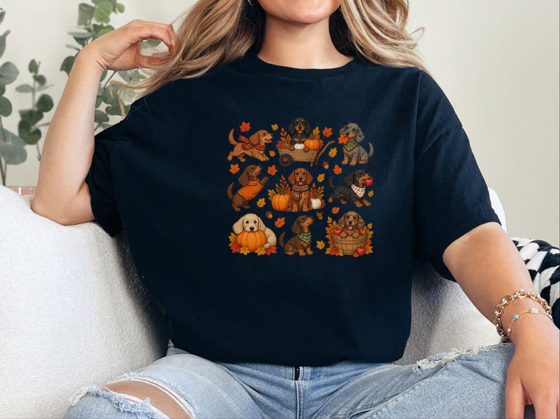 Fall Dachshund Shirt, Autumn Dog Lover Gift, Doxie Mom Tee, Cute Wiener Dog Shirt, Pumpkin Pet Lover Top imagen 6