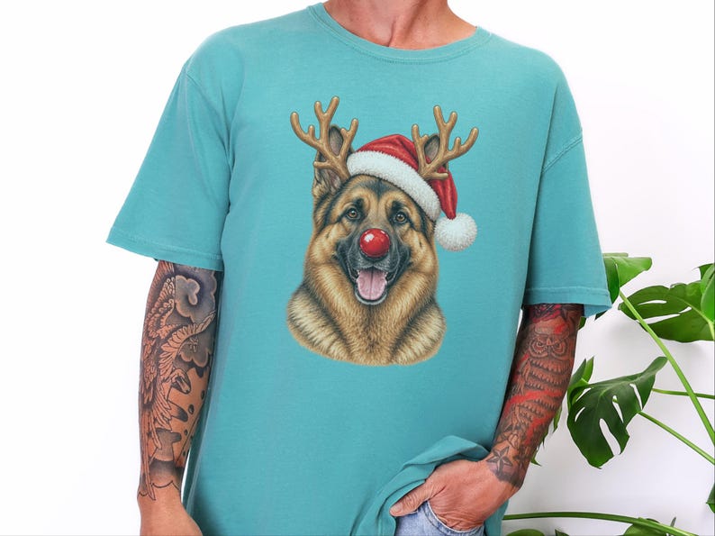 German Shepherd Christmas Sweatshirt, Holiday Dog Lover Gift, Rudolph Santa Hat Tee, German Shepherd Mom Shirt image 8