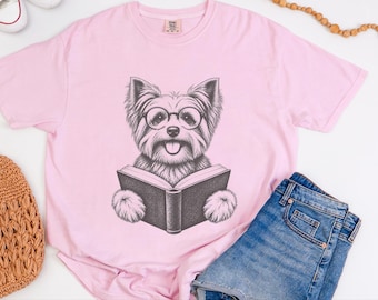 Yorkie Reading Shirt, Bookish Dog Mom Gift, Yorkshire Dog Tee, Book Lover Gift, Library Lover Tee, Reading Enthusiast Shirt