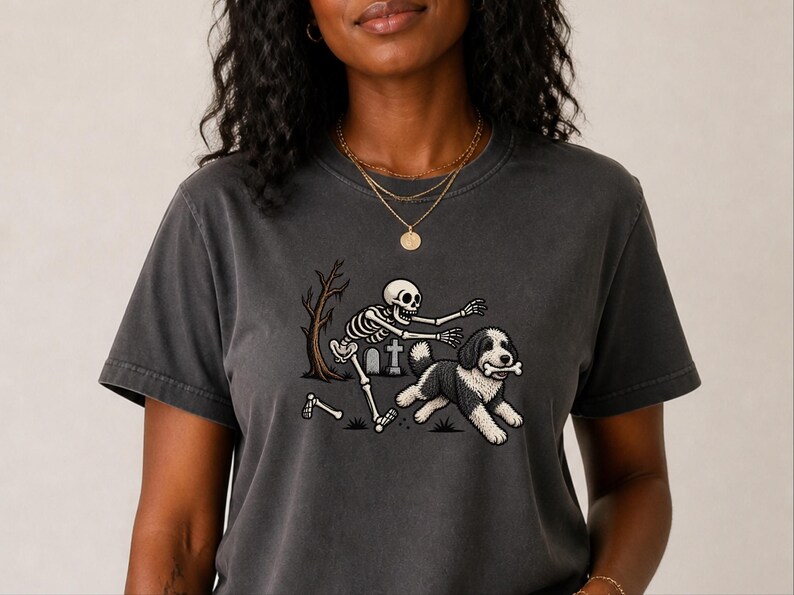 Sheepadoodle Skeleton Shirt, Spooky Dog Gift, Skeleton Dog Tee, Sheepadoodle Halloween Shirt, Funny Skeleton Dog Scene image 9