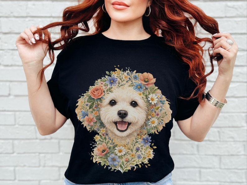 Maltipoo Print Shirt, Maltipoo Floral Face Tee, Spring Animal Art, Maltese Poodle Gifts, Dog Lover Tee, Maltese Poodle Fan, Mama Dog Owner image 1