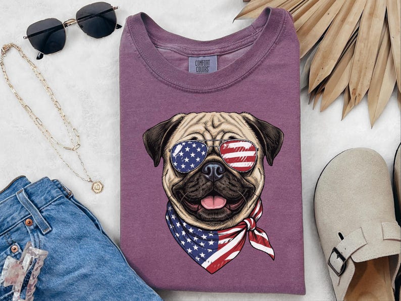 Comfort Colors Patriotisch Hondenshirt, Grappige Mopshond Sweatshirt, Patriotisch T-shirt met Amerikaanse Vlag en Mopshond, Shirt voor de Amerikaanse Onafhankelijkheidsdag (4 juli) afbeelding 6