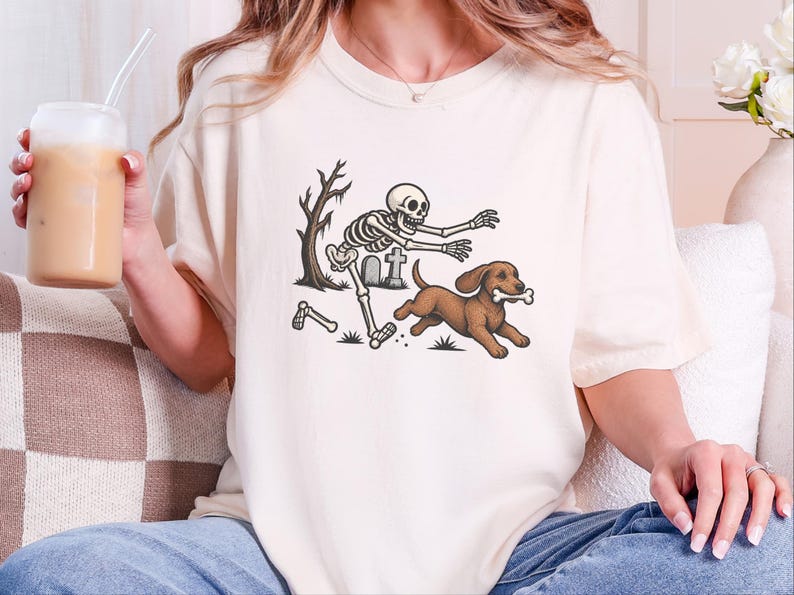 Halloween T-shirt met Teckel, cadeau met skelethond, Halloween T-shirt met Doxie-print, T-shirt met Wienerhond, grappig griezelig Doberman-shirt afbeelding 6