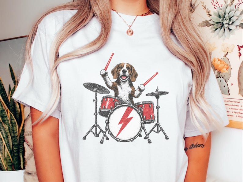 Beagle Shirt, Beagle Drummer Gift, Rock Dog Music Lover Tee, Drummer Dad Shirt, Funny Beagle Lover Gift, Retro Rock Band Shirt image 9