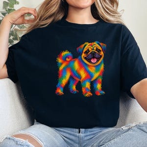 T-shirt pour amoureux des carlins, cadeau avec illustration colorée de chien, t-shirt chiot arc-en-ciel, cadeau pour propriétaire de carlin, t-shirt chien mignon, illustration vibrante d'animaux de compagnie image 6