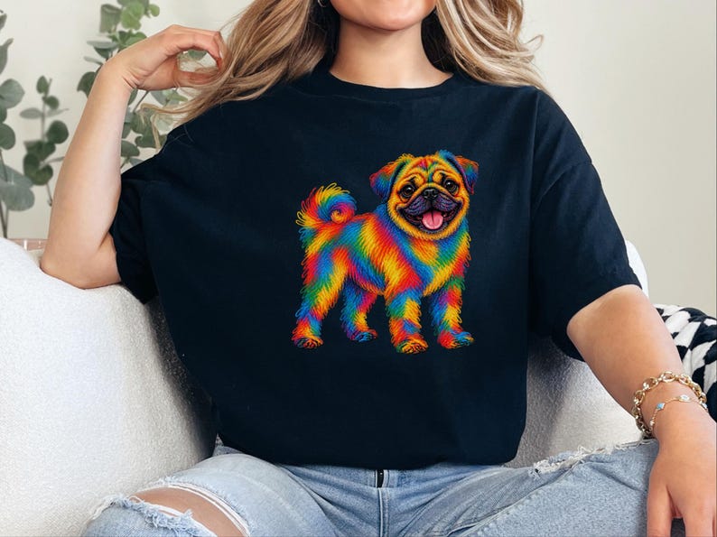 T-shirt pour amoureux des carlins, cadeau avec illustration colorée de chien, t-shirt chiot arc-en-ciel, cadeau pour propriétaire de carlin, t-shirt chien mignon, illustration vibrante d'animaux de compagnie image 6