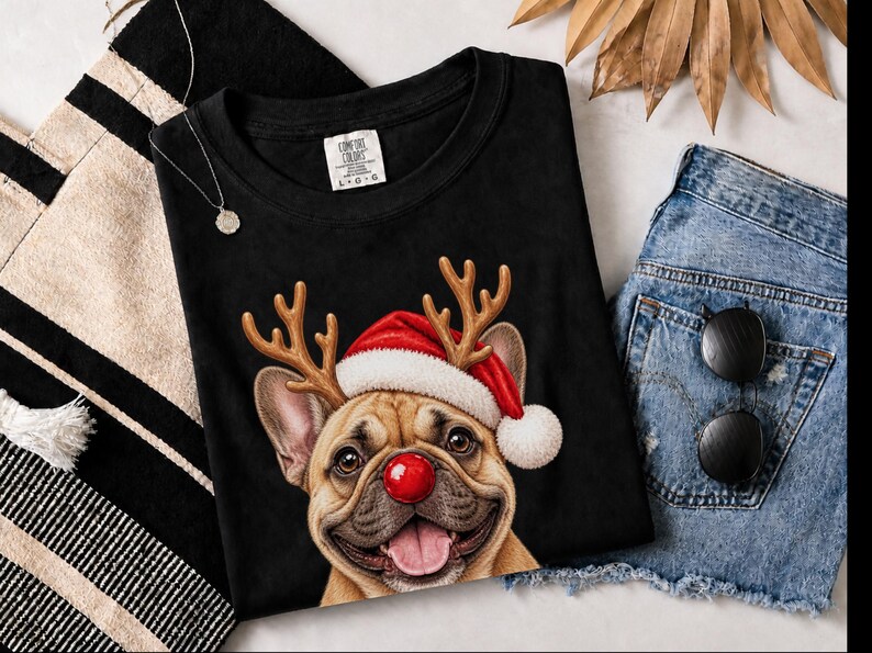 Maglietta natalizia con bulldog francese, regalo per la mamma di un cane per le feste, felpa festiva con bulldog francese, maglietta natalizia con cucciolo, per gli amanti del bulldog francese immagine 6