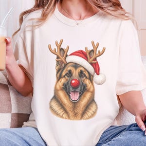 German Shepherd Christmas Sweatshirt, Holiday Dog Lover Gift, Rudolph Santa Hat Tee, German Shepherd Mom Shirt image 4
