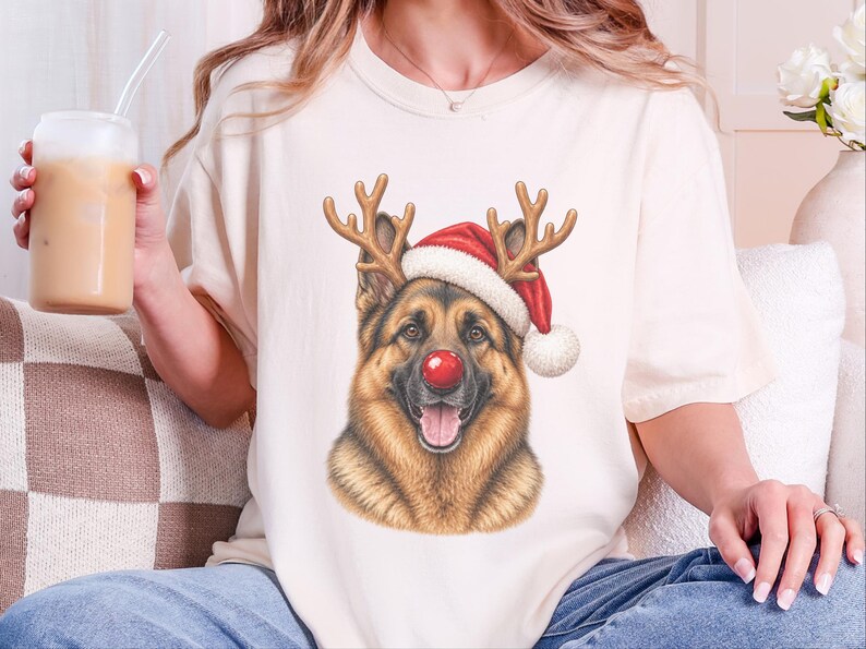 German Shepherd Christmas Sweatshirt, Holiday Dog Lover Gift, Rudolph Santa Hat Tee, German Shepherd Mom Shirt image 4