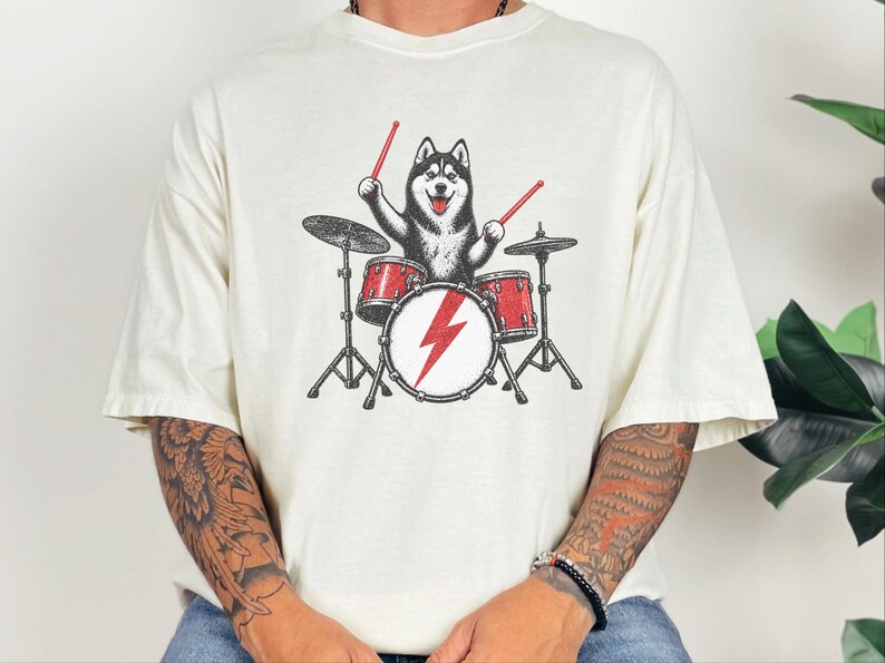 Husky Dog Shirt, Drummer Gift Idea, Rock Dog Shirt, Siberian Husky Gift, Music Lover Tee image 7