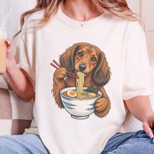 Dachshund Ramen Shirt, Wiener Dog Gift, Long Haired Doxie Tee, Japanese Food Art, Noodle Lover Shirt, Doxie Mom Gift image 1