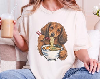 Teckel Ramen Shirt, Cadeau voor Teckel, T-shirt met langharige Doxie, Japanse voedselkunst, Shirt voor noedelliefhebbers, Cadeau voor Doxie-moeder
