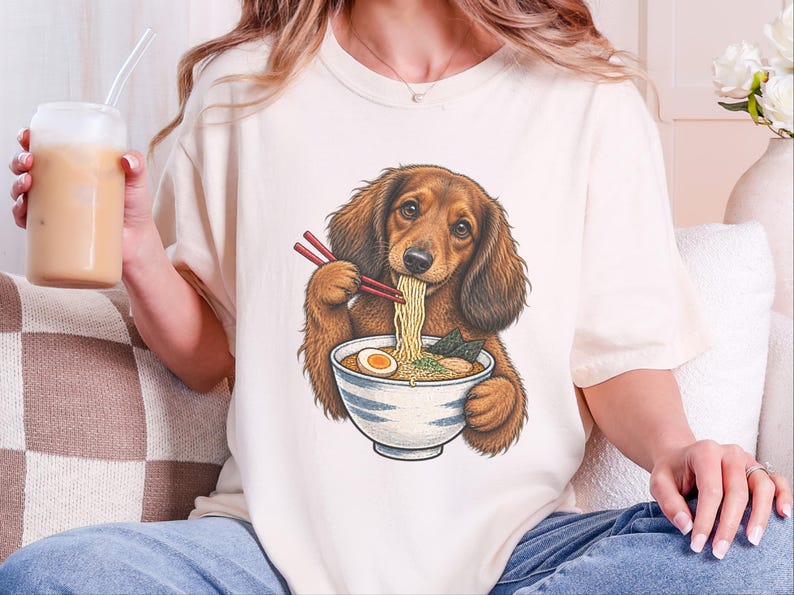 Dachshund Ramen Shirt, Wiener Dog Gift, Long Haired Doxie Tee, Japanese Food Art, Noodle Lover Shirt, Doxie Mom Gift image 1
