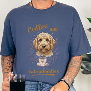 Comfort Colors Labradoodle Shirt Coffee And Labradoodles, Golden Doodle Dog Art Print, Doodle Mom Dad Sweatshirt, Whimsical Pet Art image 3