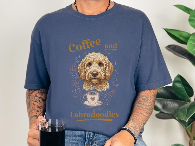 Comfort Colors Labradoodle Shirt Coffee And Labradoodles, Golden Doodle Dog Art Print, Doodle Mom Dad Sweatshirt, Whimsical Pet Art image 3