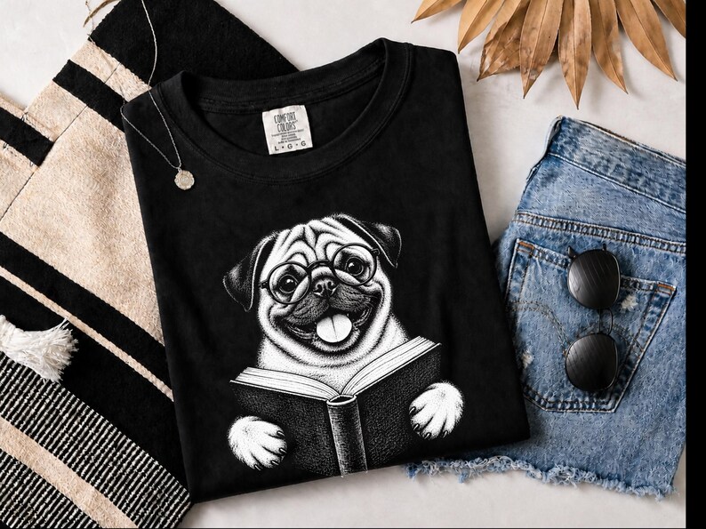 Pug Shirt, Reading Pug Dog Lover Gift, Pug Mom Shirt, Bookish Dog Tee, Librarian Shirt image 4