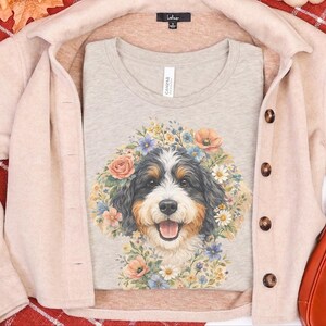 Bernedoodle Tee, Floral Crown Dog Portrait, Custom Pet Art Shirt, Doodle Mama Shirt, Whimsical Animal Print, Pastel Spring Summer Dog Lovers image 2