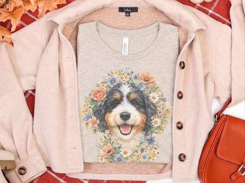 Bernedoodle Tee, Floral Crown Dog Portrait, Custom Pet Art Shirt, Doodle Mama Shirt, Whimsical Animal Print, Pastel Spring Summer Dog Lovers image 2