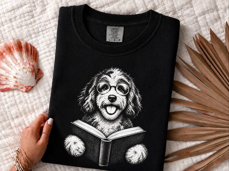 Maglietta per cani amanti dei libri, maglietta per amanti dei cani e dei libri, regalo per la mamma di un Aussiedoodle, maglietta per Aussiedoodle che legge, regalo per topi di biblioteca immagine 7