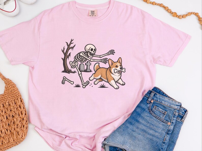 T-shirt met skelethond, Halloween Corgi-shirt, grappig Corgi-cadeau, griezelig T-shirt, Corgi-moedershirt, T-shirt met skelethond afbeelding 6