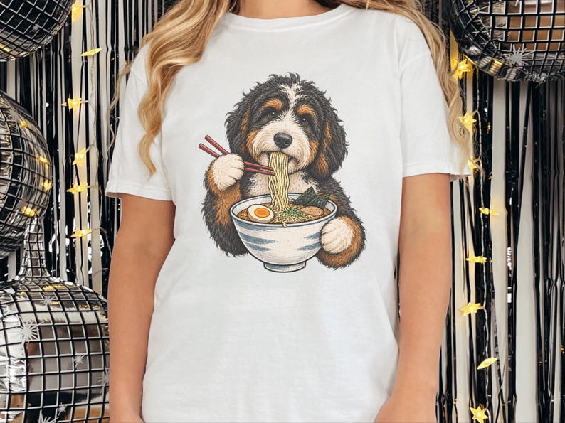 Bernedoodle Ramen T-shirt, cadeau voor ramenliefhebbers, cadeau voor Bernedoodle hondenmoeder, T-shirt met Japans eten, grappig T-shirt met hondenprint afbeelding 8
