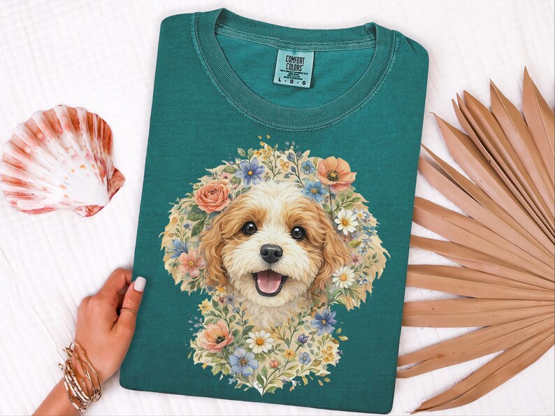 Camiseta Comfort Colors com estampa floral para cachorro, estampa de rosto de Cavapoo | Retrato moderno de pet para mães de cachorro | Arte vintage de animais, presente para donos, camiseta com estampa de rosto de pet imagem 11