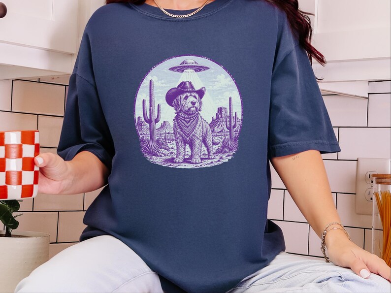 Comfort Colors Cowboy Retro Labradoodle Sweatshirt | Vintage Goldendoodle UFO Crewneck | Southwestern Extraterrestrial Abduction Space image 1