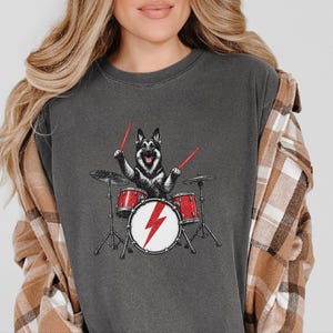 German Shepherd Rock Drummer Shirt, Heavy Metal Dog Lover Gift, Rock Music Fan Tee, Drum Kit Player Present, Band Member Shirt image 7