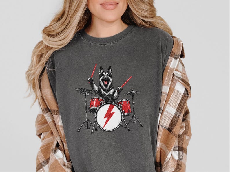 German Shepherd Rock Drummer Shirt, Heavy Metal Dog Lover Gift, Rock Music Fan Tee, Drum Kit Player Present, Band Member Shirt image 7