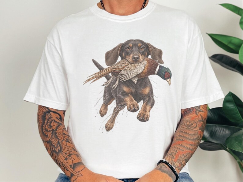 Camiseta de caza de teckel, regalo de caza de faisanes, camiseta de perro salchicha, camiseta de perro de caza de aves, regalo de cazador de tierras altas imagen 4