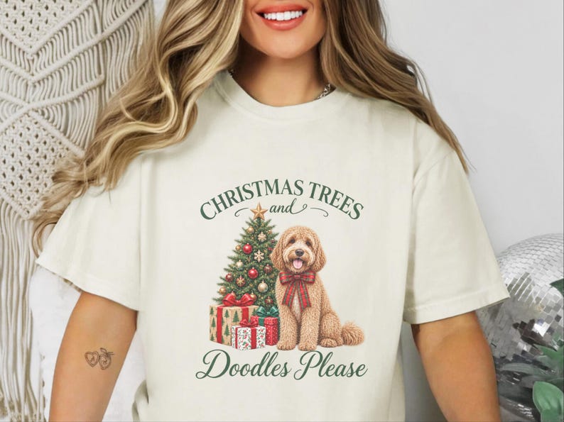 Cockapoo kerstshirt, kerstshirt voor huisdieren, cadeau voor cockapoo-liefhebbers, kerstbomen en doodles graag afbeelding 6