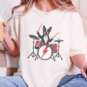 Boston Terrier Shirt, Drummer Gift Idea, Rock Dog Tee, Music Lover Present, Boston Terrier Art, Funny Dog Shirt image 1