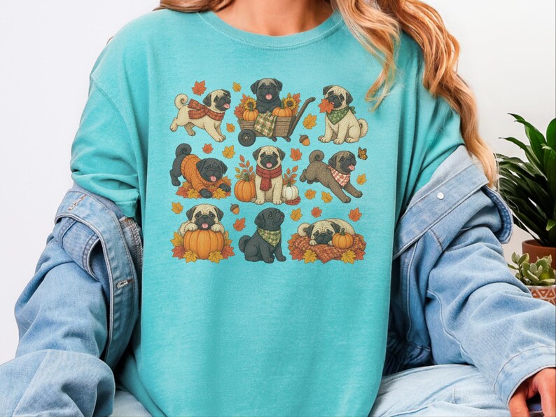 Camiseta de perro pug, regalo para mamá de pug, sudadera de otoño para perros, camiseta para amantes de los pugs, camiseta de calabaza de otoño imagen 9