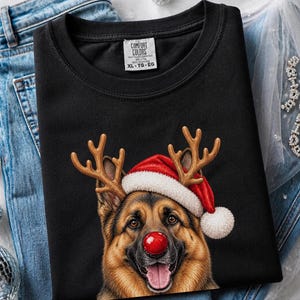 German Shepherd Christmas Sweatshirt, Holiday Dog Lover Gift, Rudolph Santa Hat Tee, German Shepherd Mom Shirt image 1