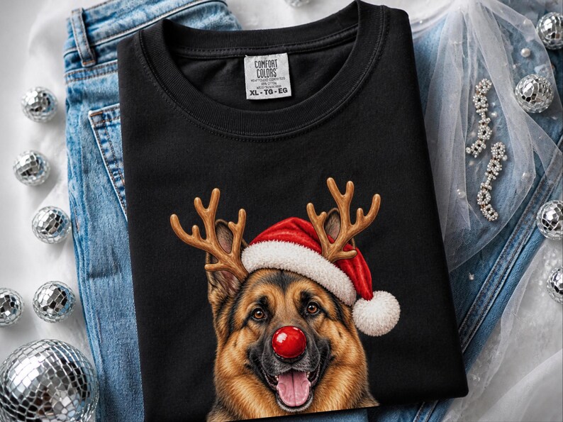 German Shepherd Christmas Sweatshirt, Holiday Dog Lover Gift, Rudolph Santa Hat Tee, German Shepherd Mom Shirt image 1