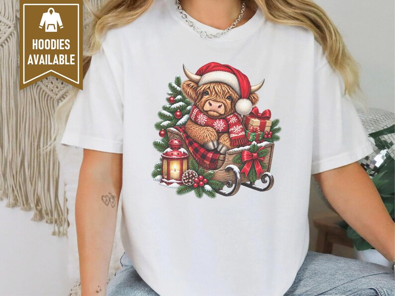 Christmas Highland Cow Sweatshirt, Santa Cow Holiday Gift, Festive Farm Animal Shirt, Winter Cow Lover Tee image 7