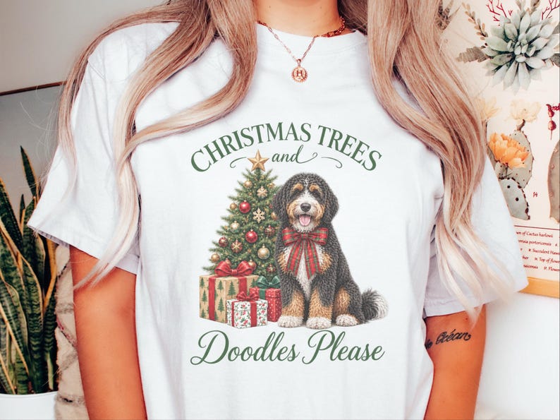 Bernedoodle Christmas Shirt, Christmas Trees And Doodles Please, Bernedoodle Mom Gift, Holiday Dog Lover Tee, Dog Owner Present image 6