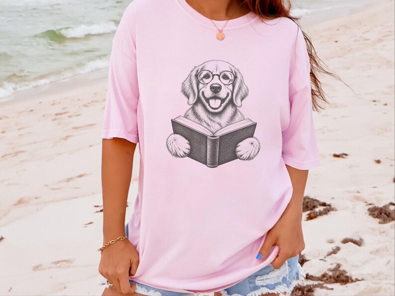 Golden Retriever Reading Shirt, Bookish Dog Lover Gift, Librarian Shirt, Teacher Bookworm Tee image 3
