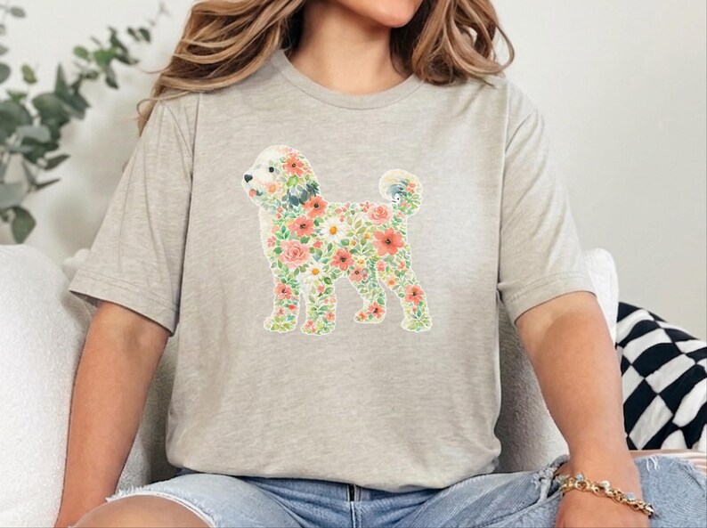 Sheepadoodle T-Shirt, Floral Sheepadoodle Silhouette Art Print, Boho Pet Lover Gift, Whimsical Doodle Art, Dog Mom Present image 2