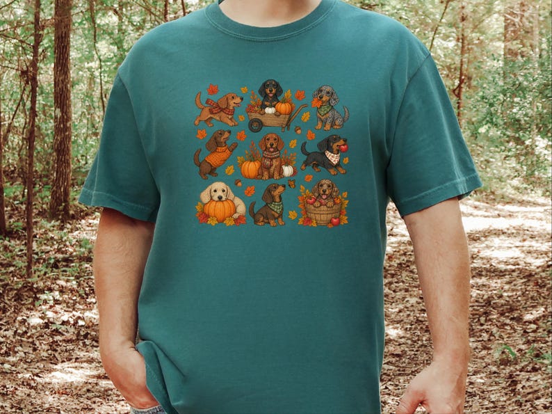 Fall Dachshund Shirt, Autumn Dog Lover Gift, Doxie Mom Tee, Cute Wiener Dog Shirt, Pumpkin Pet Lover Top imagen 1